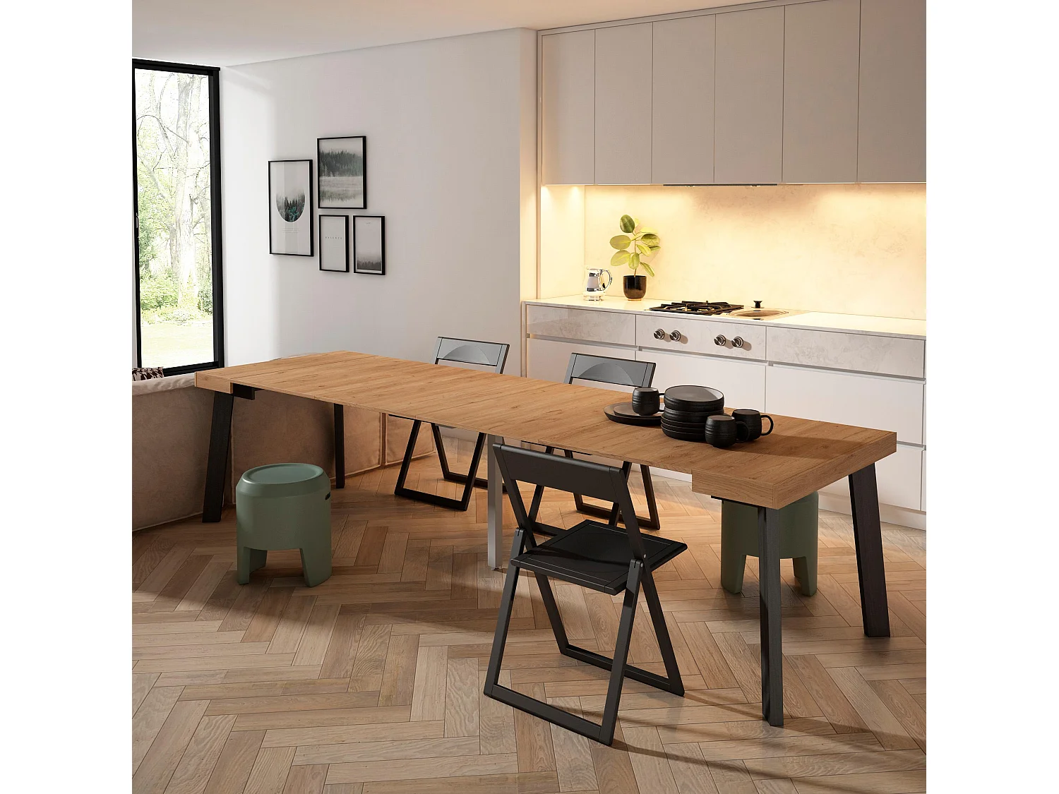 Table console extensible, 302x90x73cm, Pour 14 personnes, Pieds en bois, Chêne