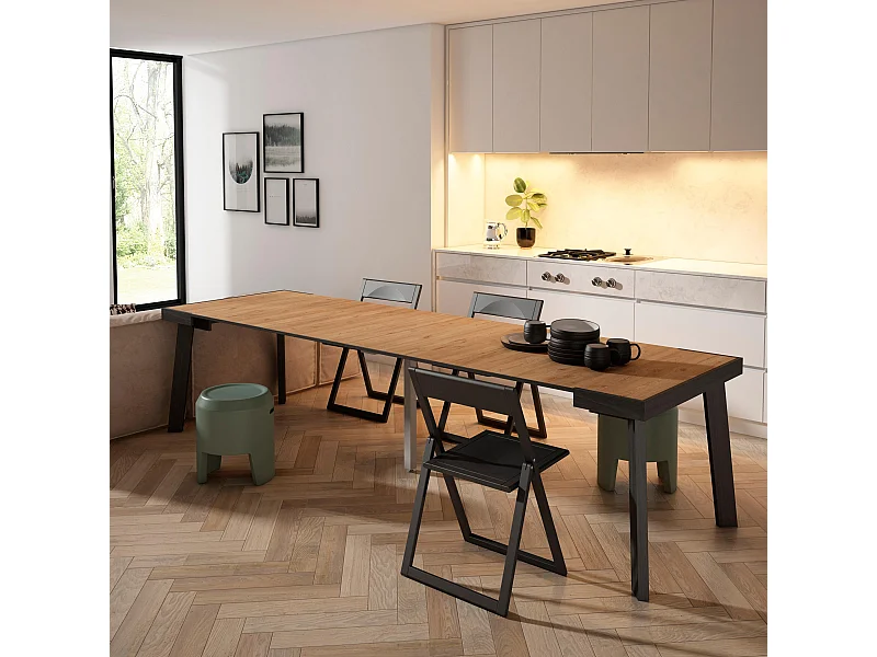 Mesa Consola extensible, 302x90x73cm, Para 14 comensales, Patas de madera, Roble