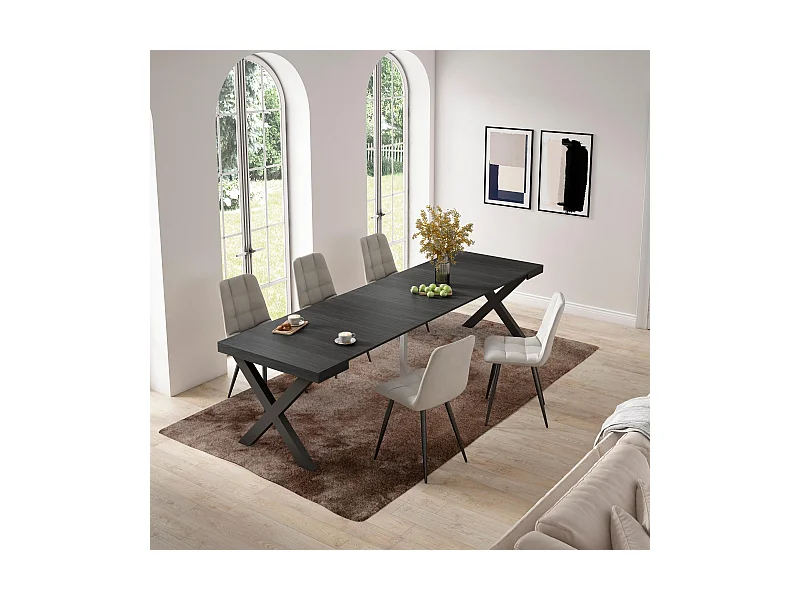 Ausziehbarertisch, 302x90x73cm, Für 14 Gäste, Massivholz Beine, Schwarz