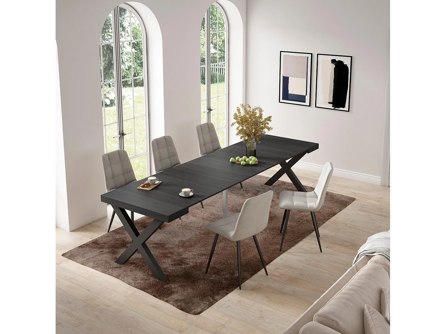 Ausziehbarertisch, 302x90x73cm, Für 14 Gäste, Massivholz Beine, Schwarz