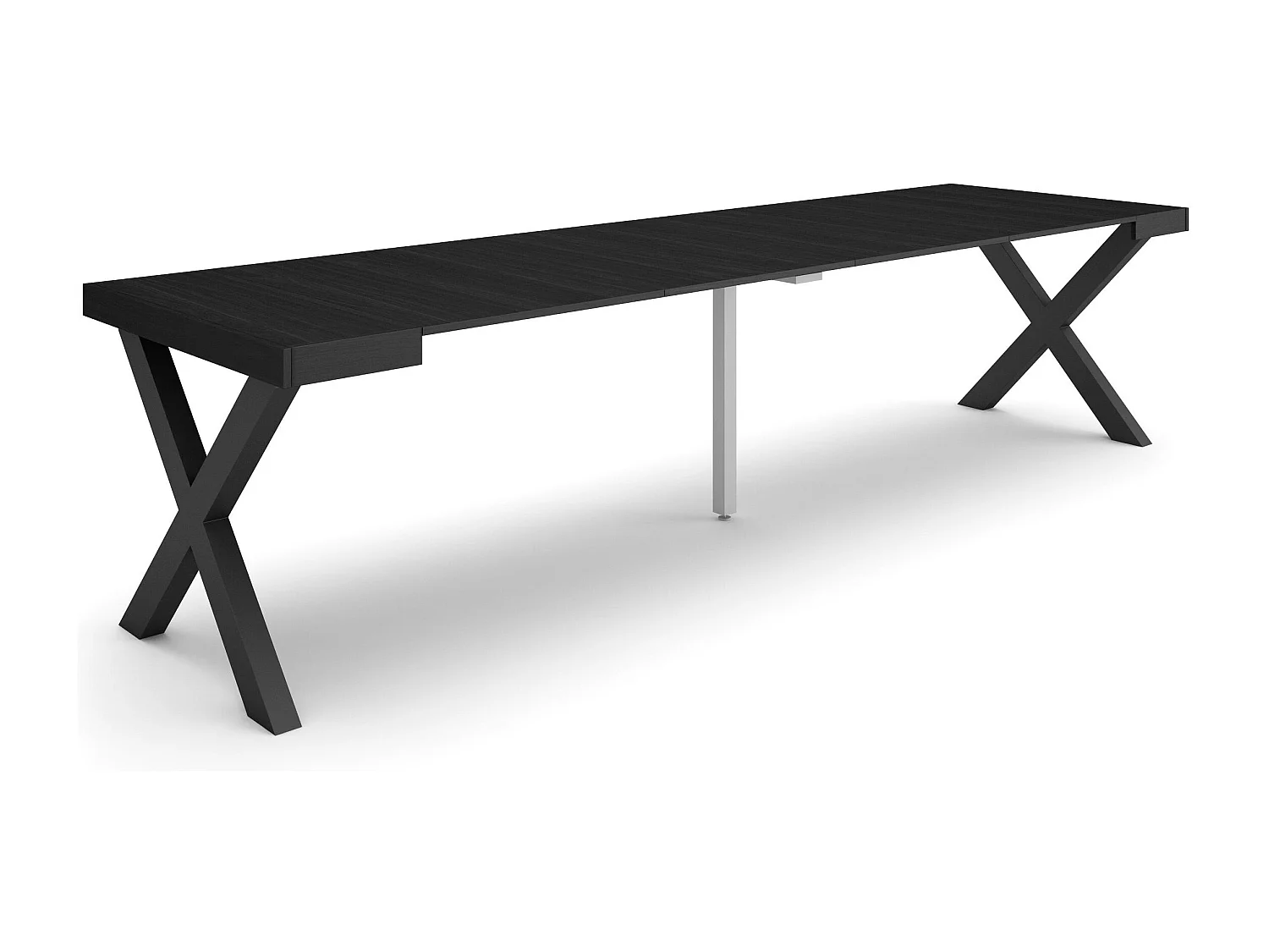 Ausziehbarertisch, 302x90x73cm, Für 14 Gäste, Massivholz Beine, Schwarz