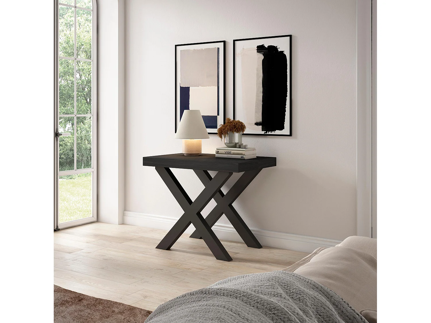 Uitschuifbare Consoletafel, 302x90x73cm, Voor 14 personen, Massief houten poten, Zwart