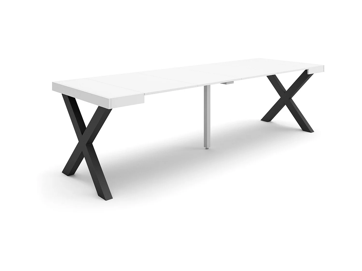 Table console extensible, 262x90x73cm, Pour 12 personnes, Pieds bois massif, Blanc