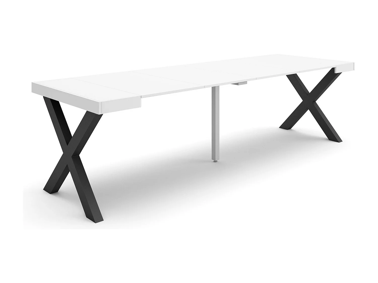 Uitschuifbare Consoletafel, 262x90x73cm, Voor 12 personen, Massief houten poten, Wit