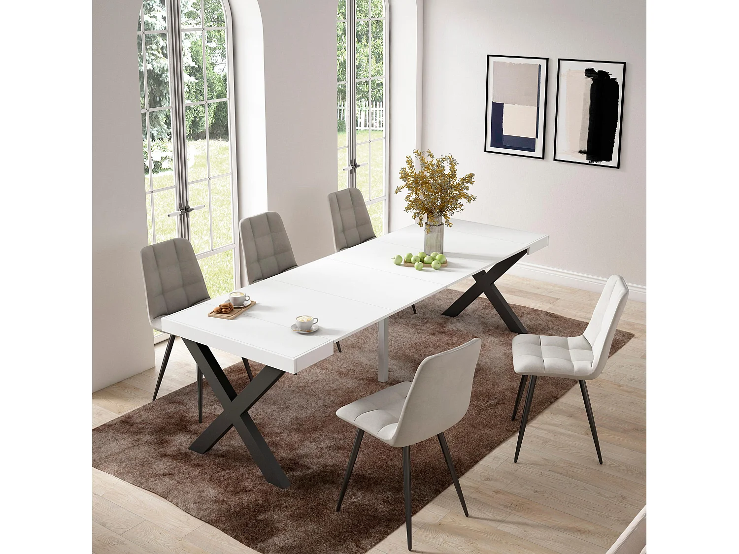 Table console extensible, 262x90x73cm, Pour 12 personnes, Pieds bois massif, Blanc