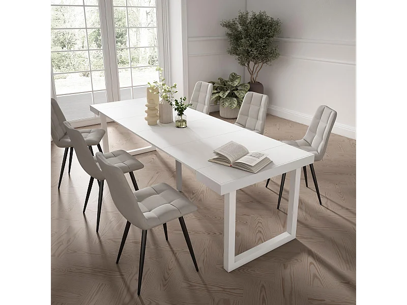 Uitschuifbare Consoletafel, 262x90x73cm, Voor 12 personen, Massief houten poten, Wit