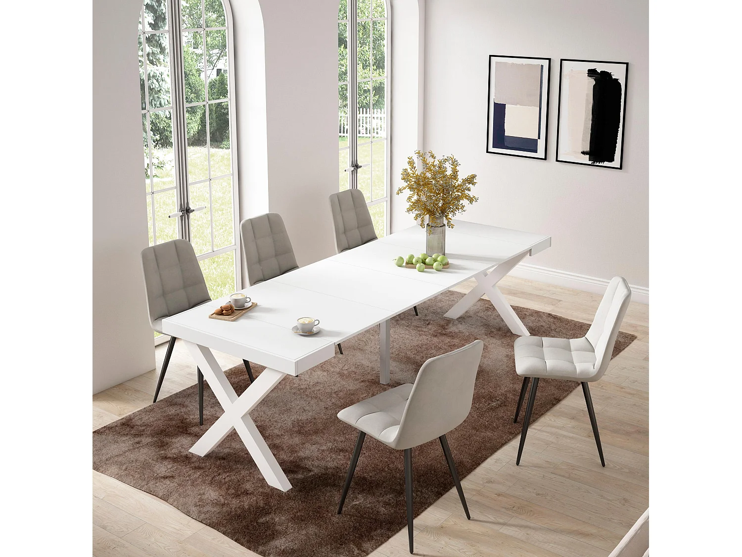 Ausziehbarertisch, 262x90x73cm, Für 12 Gäste, Massivholz Beine, Weiß