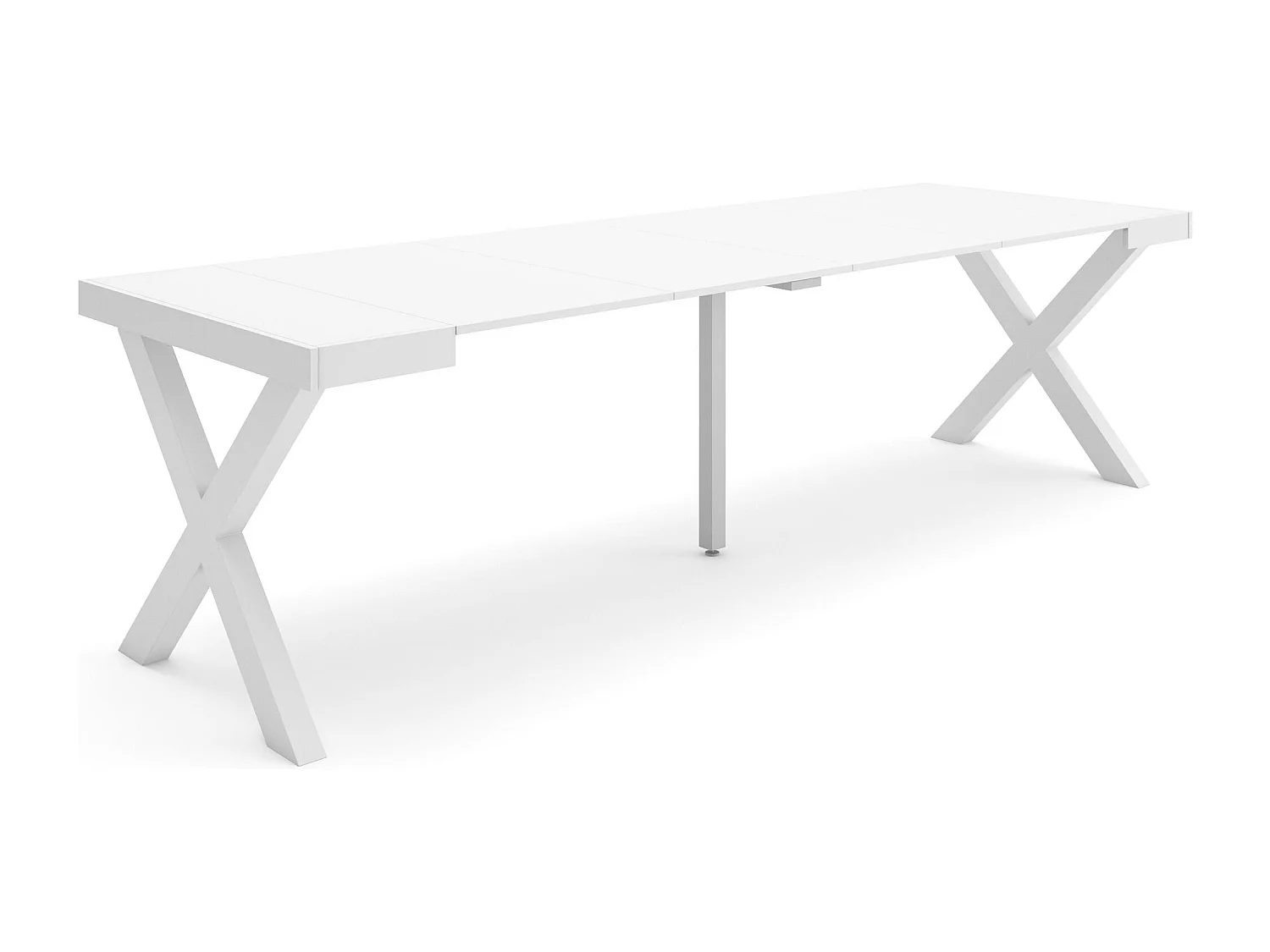 Uitschuifbare Consoletafel, 262x90x73cm, Voor 12 personen, Massief houten poten, Wit