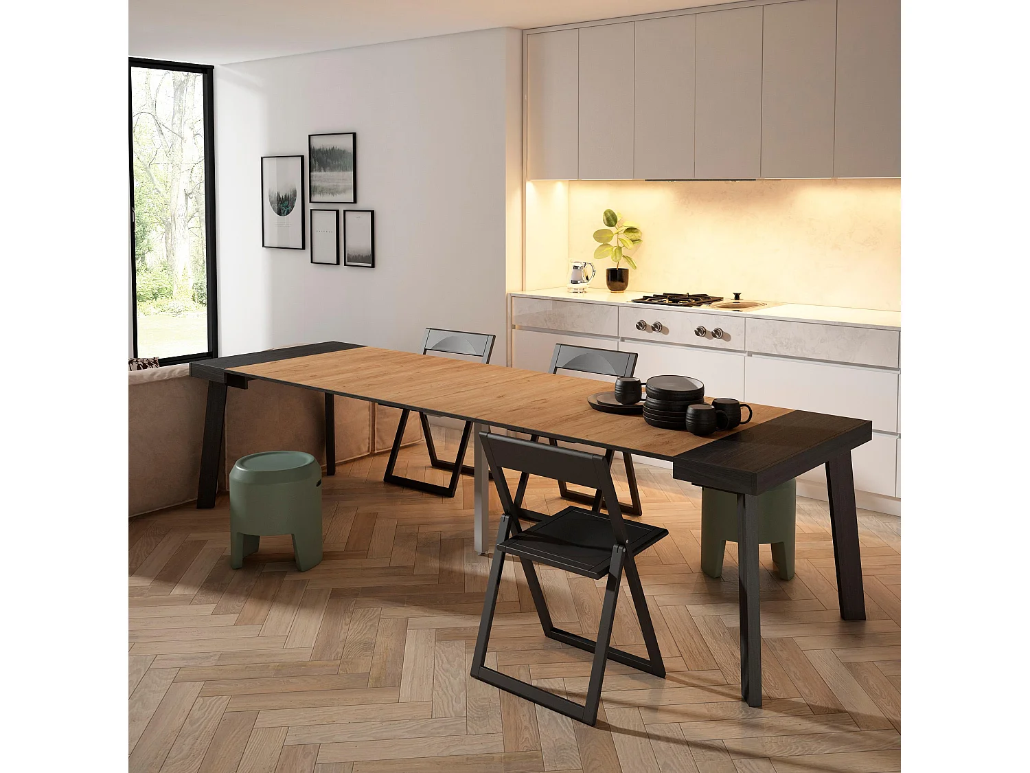 Table console extensible, 302x90x73cm, Pour 14 personnes, Pieds en bois, Noir et chêne