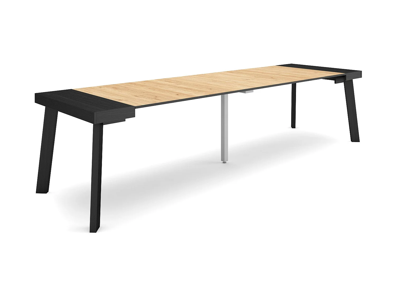 Table console extensible, 302x90x73cm, Pour 14 personnes, Pieds en bois, Noir et chêne