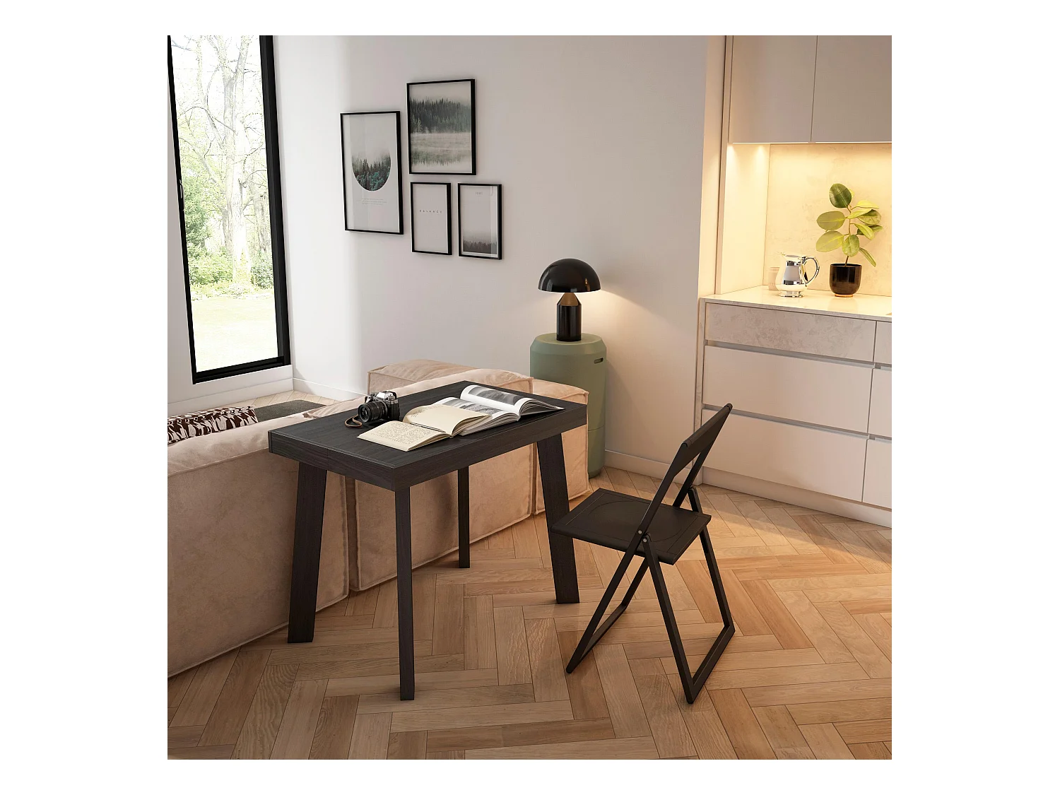 Table console extensible, 302x90x73cm, Pour 14 personnes, Pieds en bois, Noir et chêne