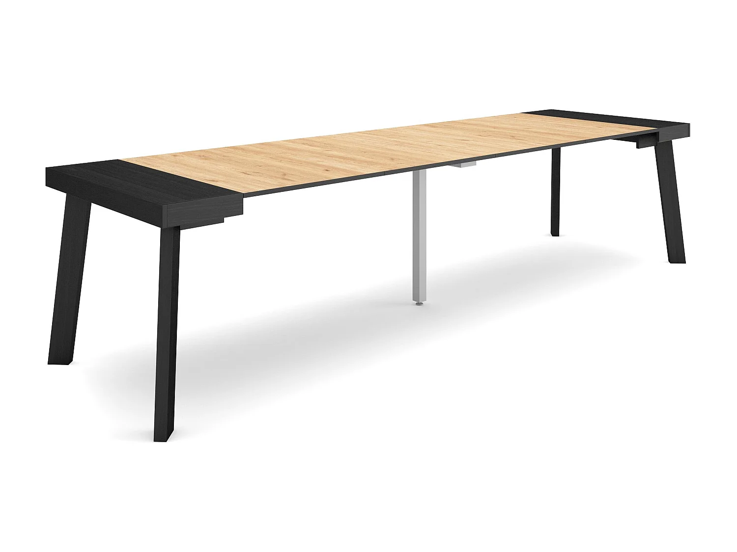 Table console extensible, 302x90x73cm, Pour 14 personnes, Pieds en bois, Noir et chêne