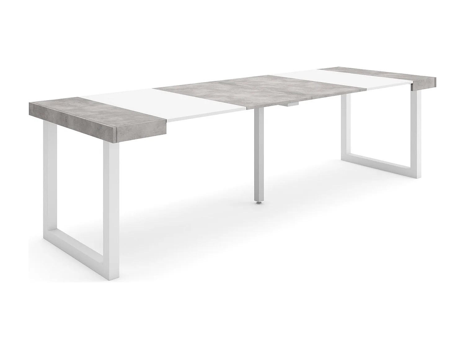 Table console extensible, 262x90x73cm, Pour 12 personnes, Pieds bois massif, Blanc et ciment