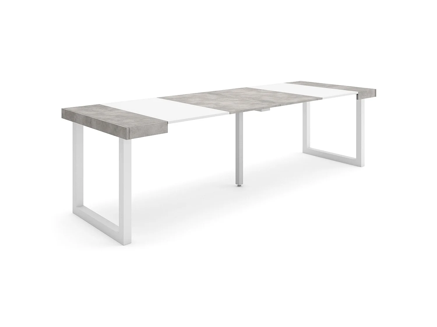 Table console extensible, 262x90x73cm, Pour 12 personnes, Pieds bois massif, Blanc et ciment