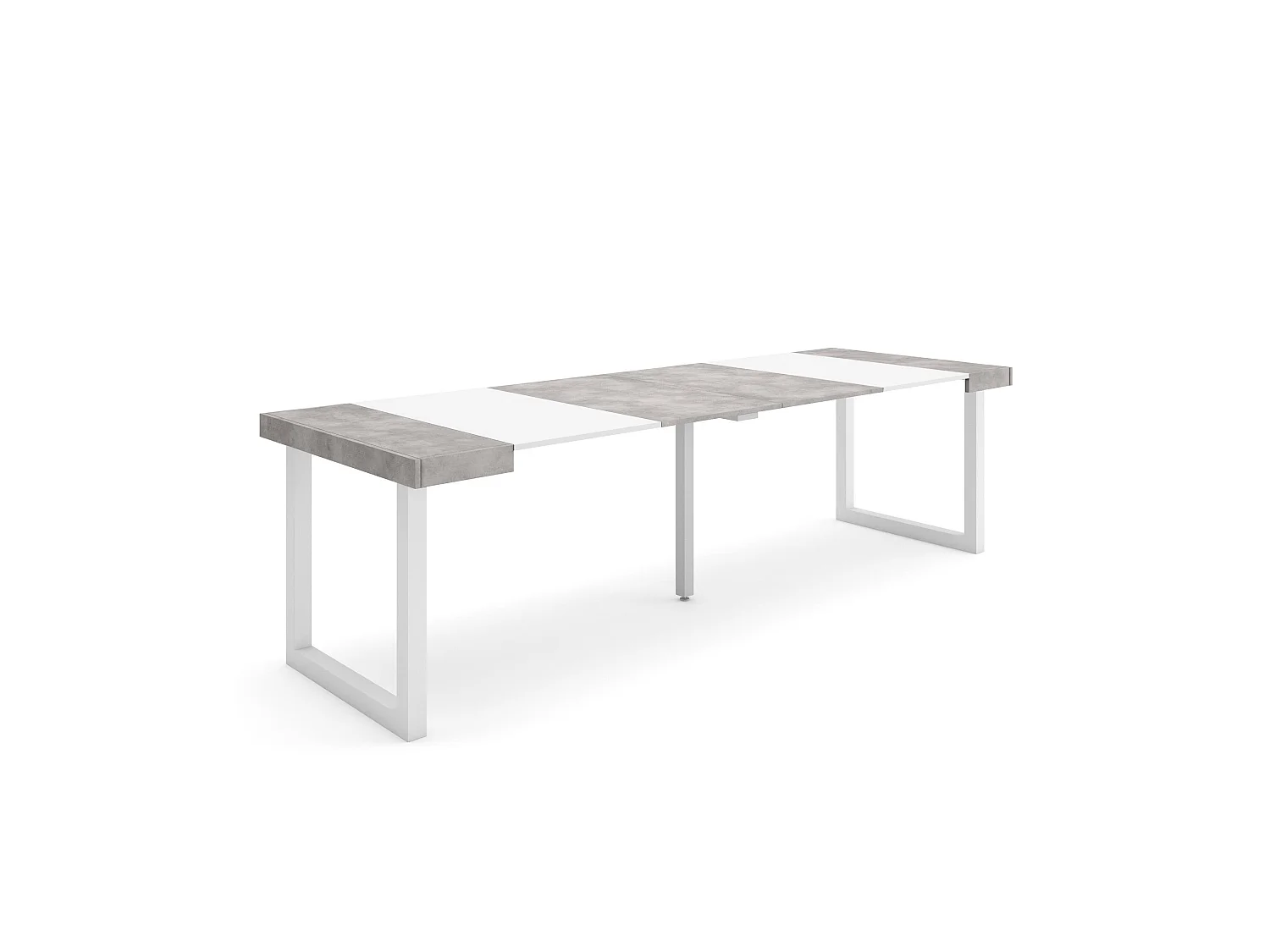 Table console extensible, 262x90x73cm, Pour 12 personnes, Pieds bois massif, Blanc et ciment