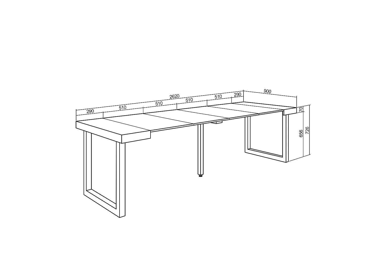 Table console extensible, 262x90x73cm, Pour 12 personnes, Pieds bois massif, Blanc et ciment