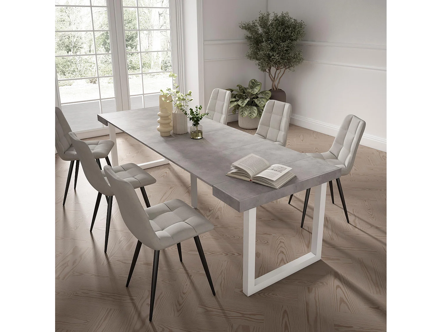 Uitschuifbare Consoletafel, 262x90x73cm, Voor 12 personen, Massief houten poten, Cement