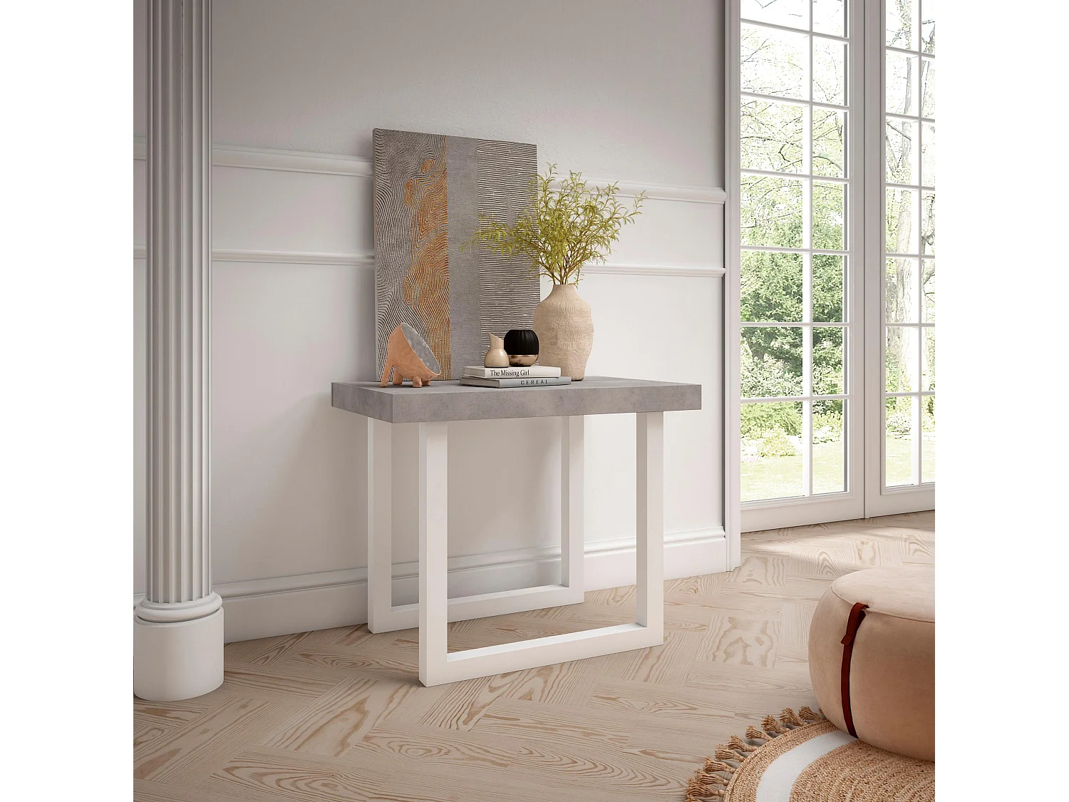 Uitschuifbare Consoletafel, 262x90x73cm, Voor 12 personen, Massief houten poten, Cement