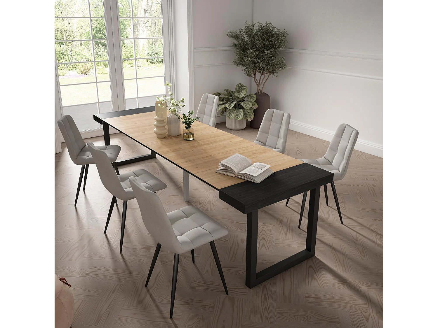 Table console extensible, 302x90x73cm, Pour 14 personnes, Pieds bois massif, Chêne et noir