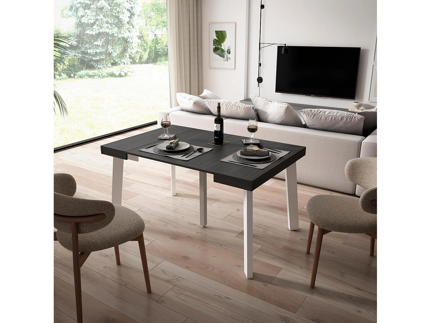 Mesa Consola extensible, 140x90x73cm, Para 6 comensales, Patas de madera, Negro