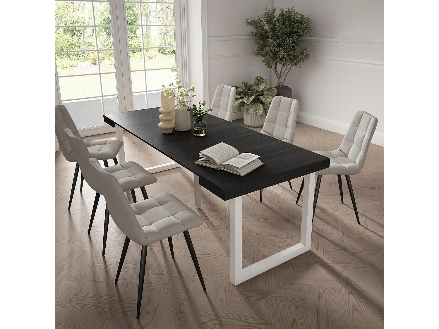 Table console extensible, 222x90x73cm, Pour 10 personnes, Pieds bois massif, Noir