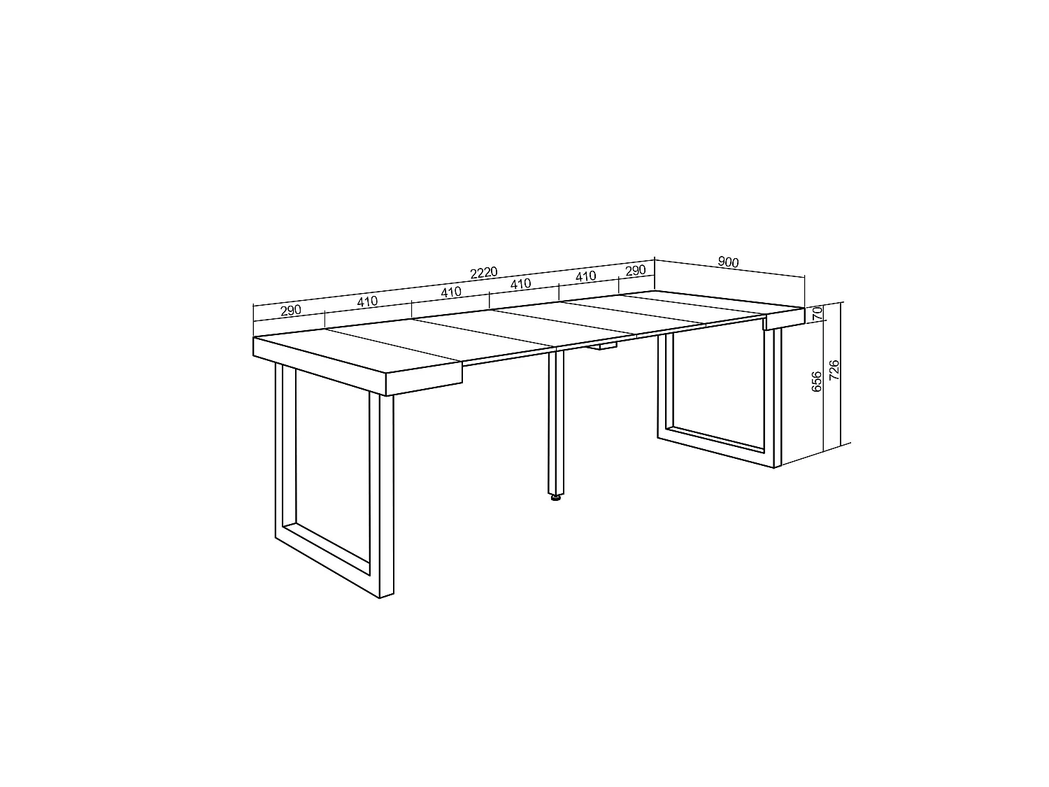 Table console extensible, 222x90x73cm, Pour 10 personnes, Pieds bois massif, Noir
