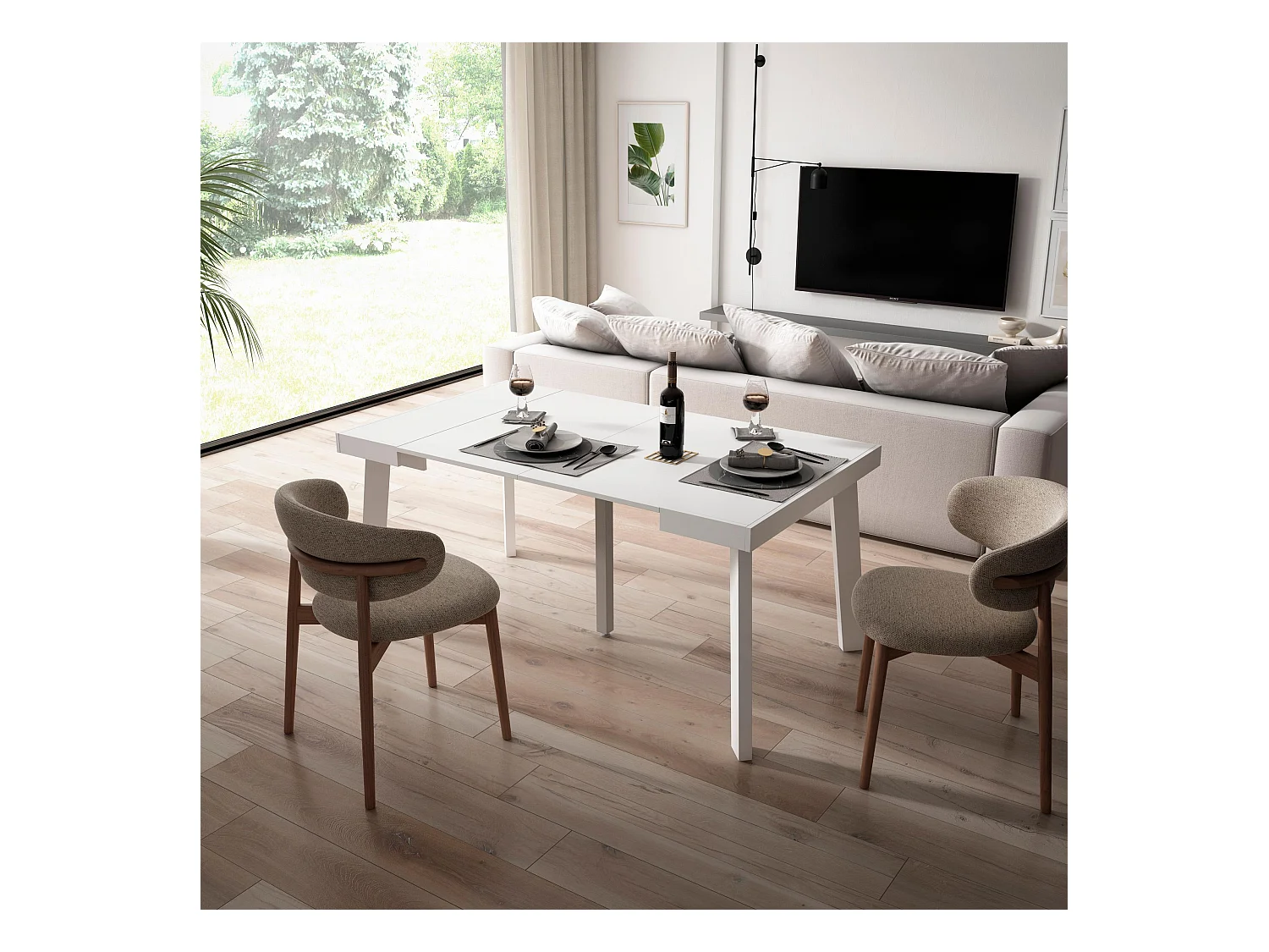 Uitschuifbare Consoletafel, 160x90x73cm, Voor 8 personen, Houten poten, Wit