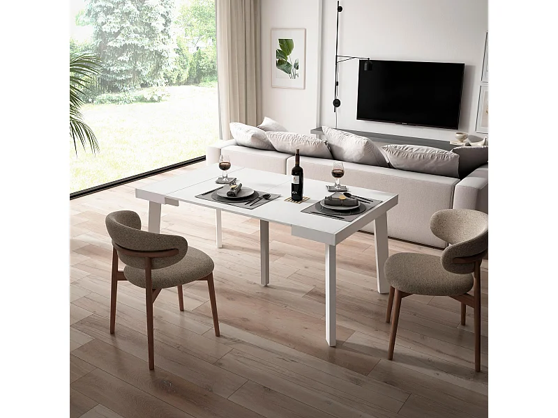 Uitschuifbare Consoletafel, 160x90x73cm, Voor 8 personen, Houten poten, Wit