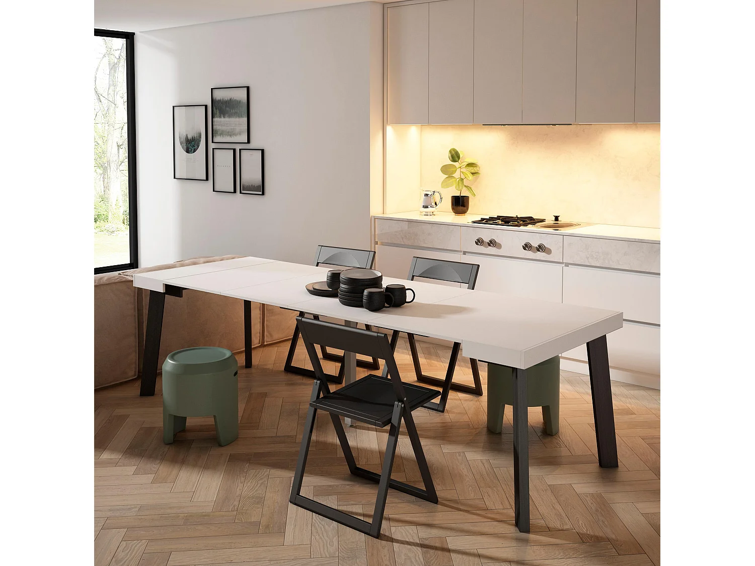 Table console extensible, 262x90x73cm, Pour 12 personnes, Pieds en bois, Blanc