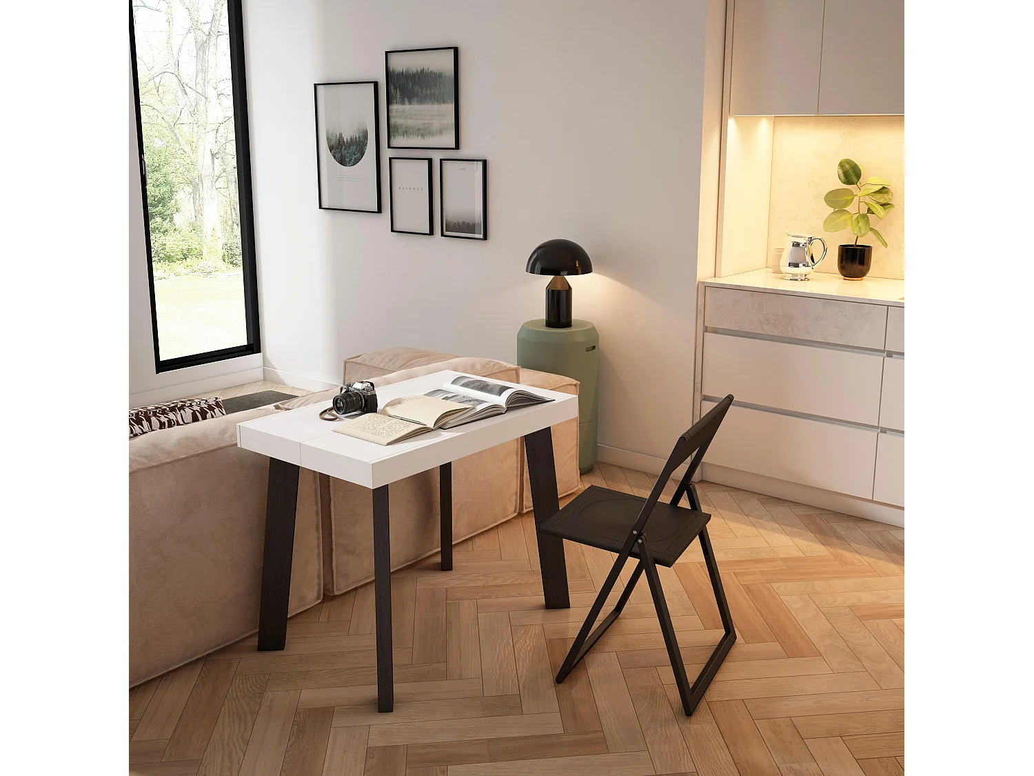 Table console extensible, 262x90x73cm, Pour 12 personnes, Pieds en bois, Blanc