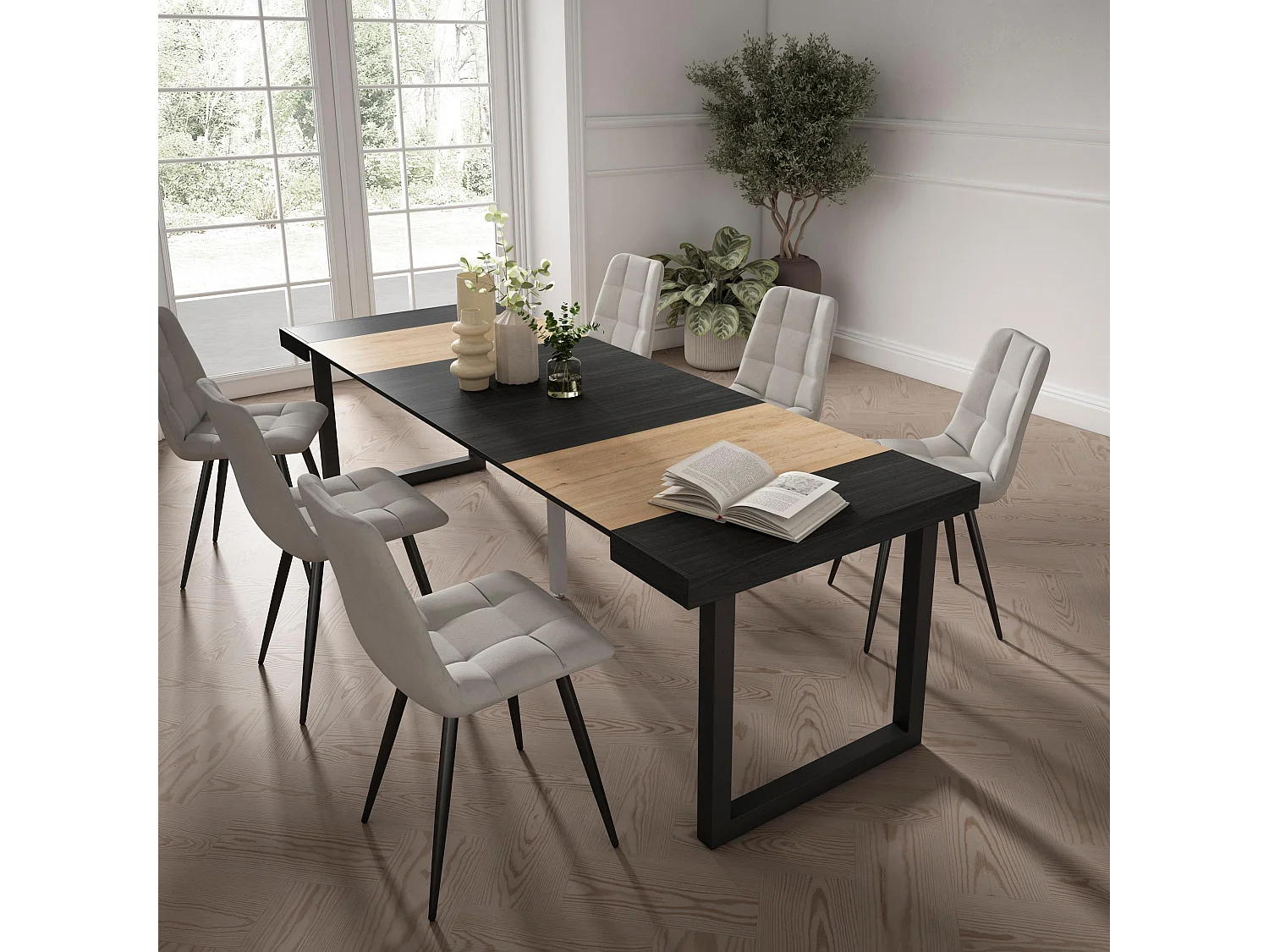 Mesa Consola extensible, 262x90x73cm, Para 12 comensales, Patas madera maciza, Roble y negro