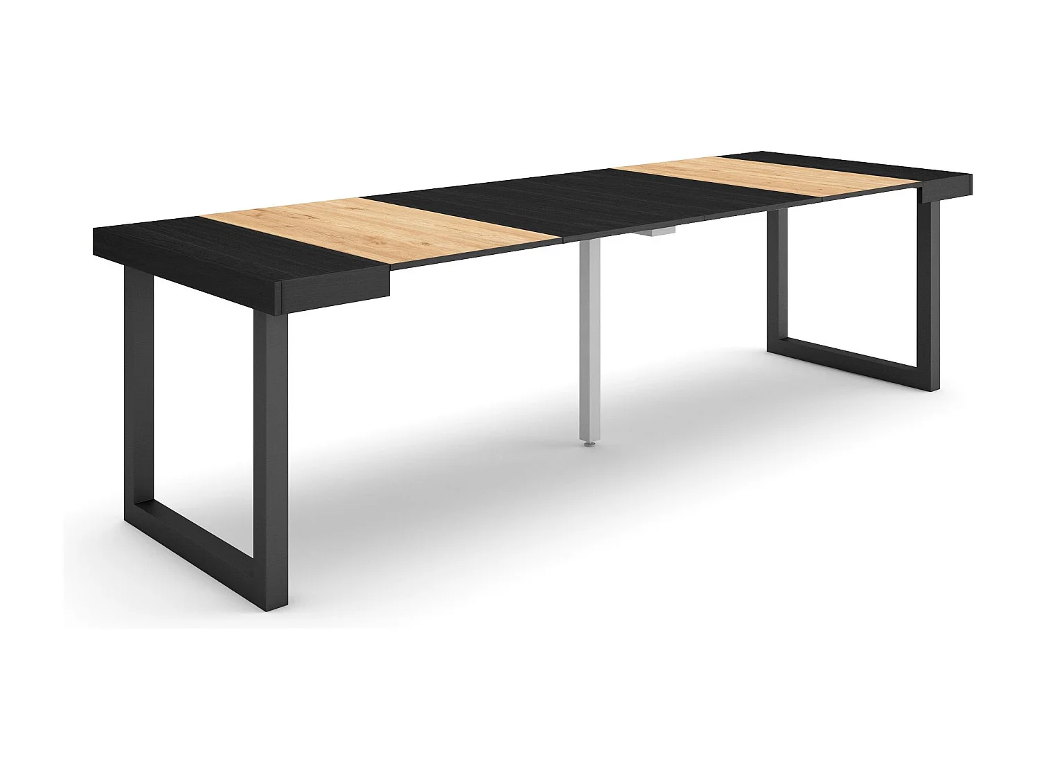 Mesa Consola extensible, 262x90x73cm, Para 12 comensales, Patas madera maciza, Roble y negro