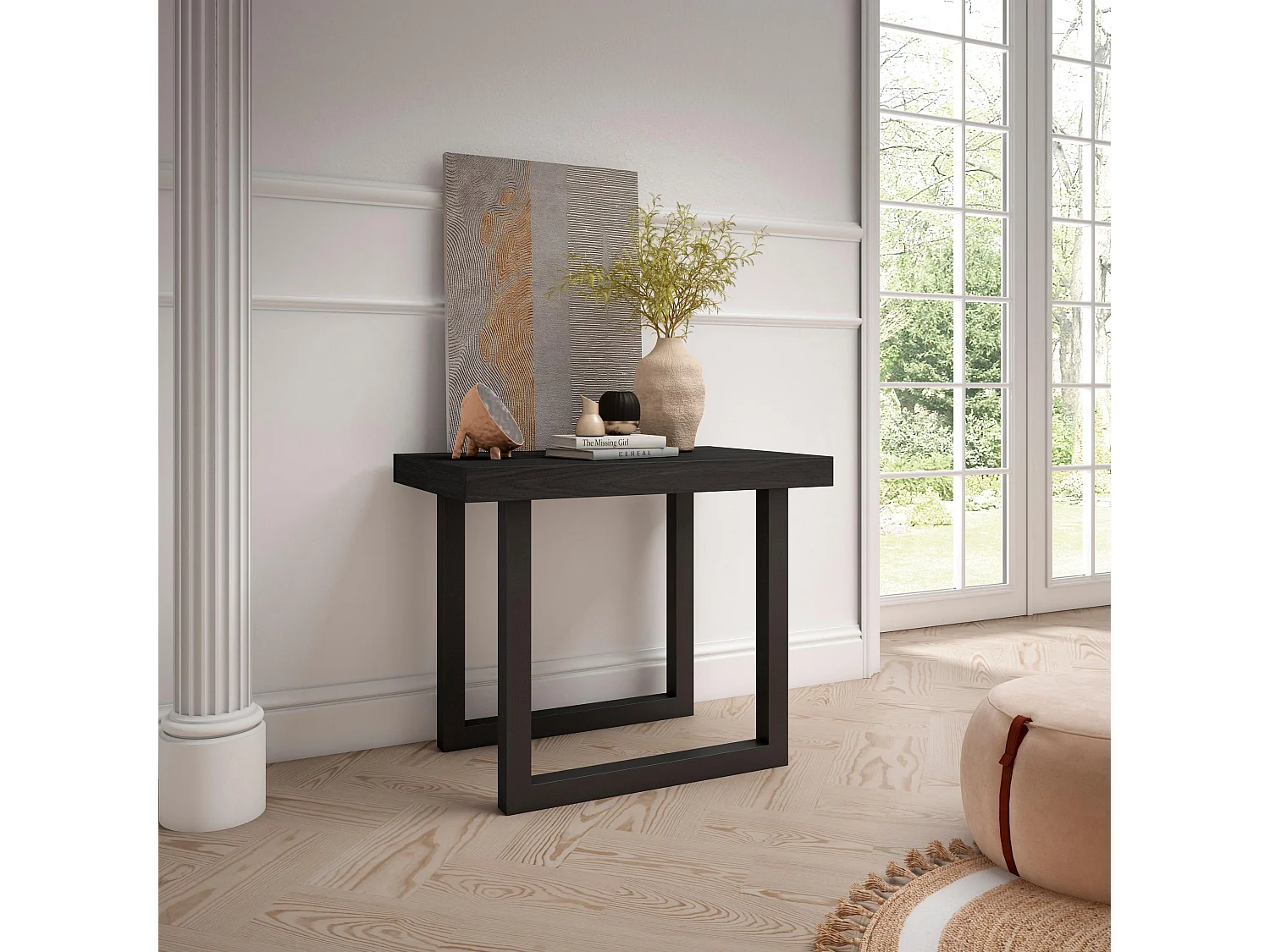 Mesa Consola extensible, 262x90x73cm, Para 12 comensales, Patas madera maciza, Roble y negro