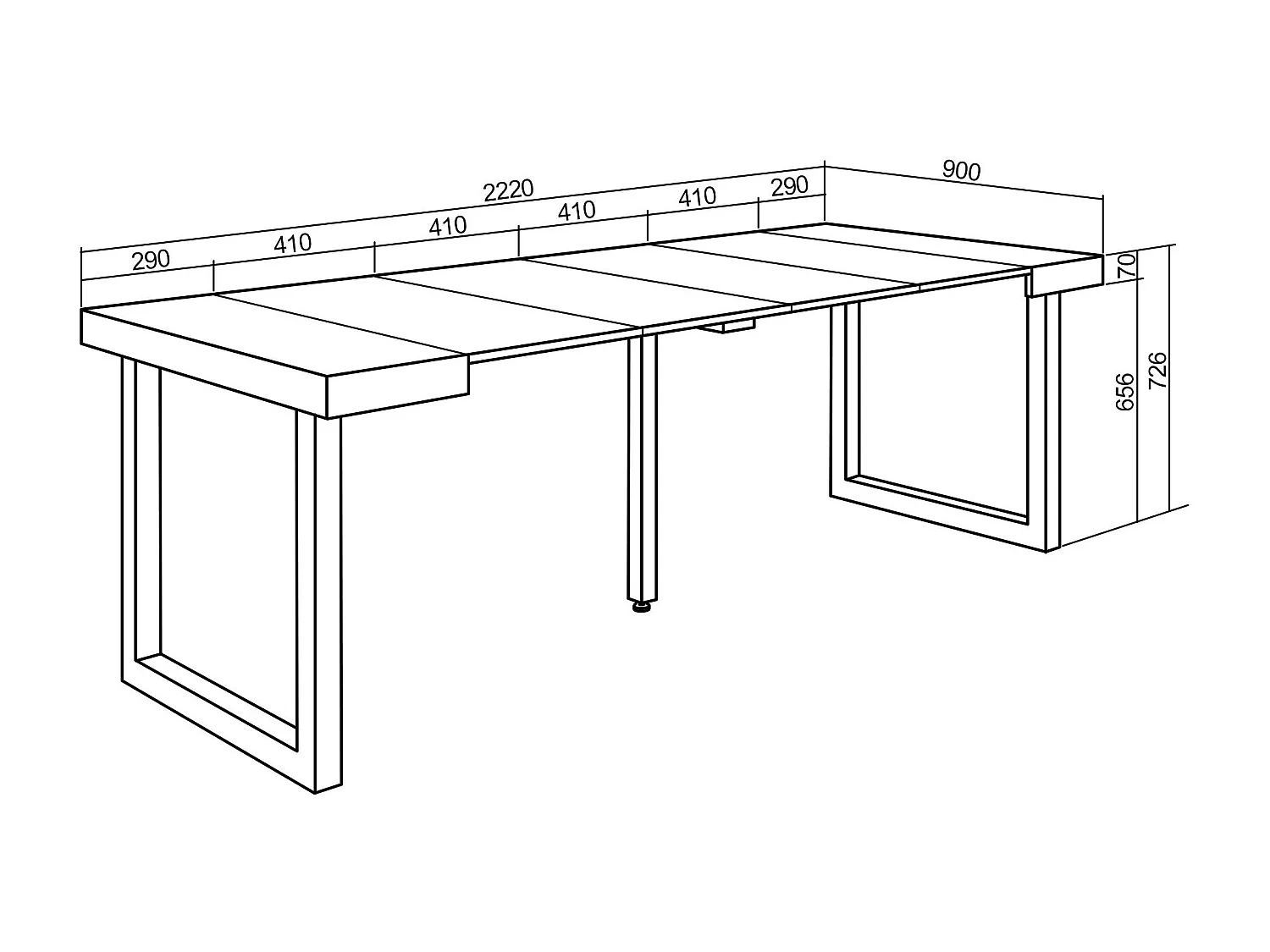 Uitschuifbare Consoletafel, 222x90x73cm, Voor 10 personen, Massief houten poten, Eiken/Wit