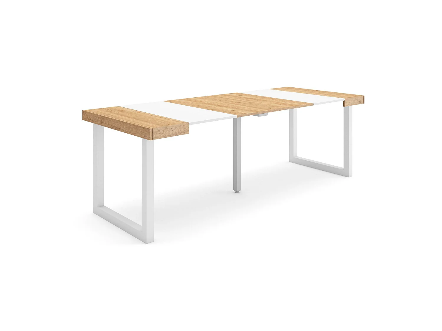 Table console extensible, 222x90x73cm, Pour 10 personnes, Pieds bois massif, Chêne et blanc
