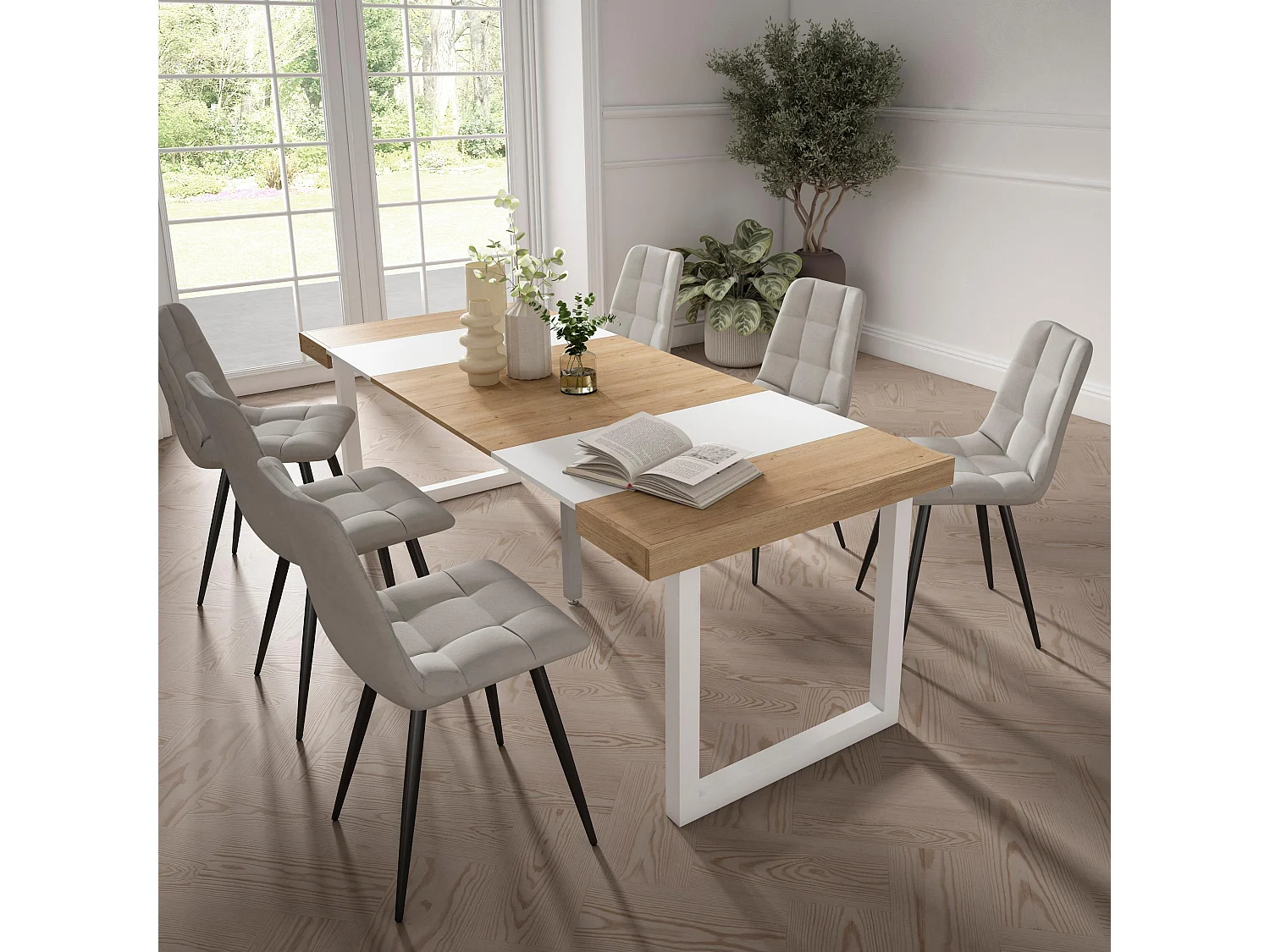 Uitschuifbare Consoletafel, 222x90x73cm, Voor 10 personen, Massief houten poten, Eiken/Wit