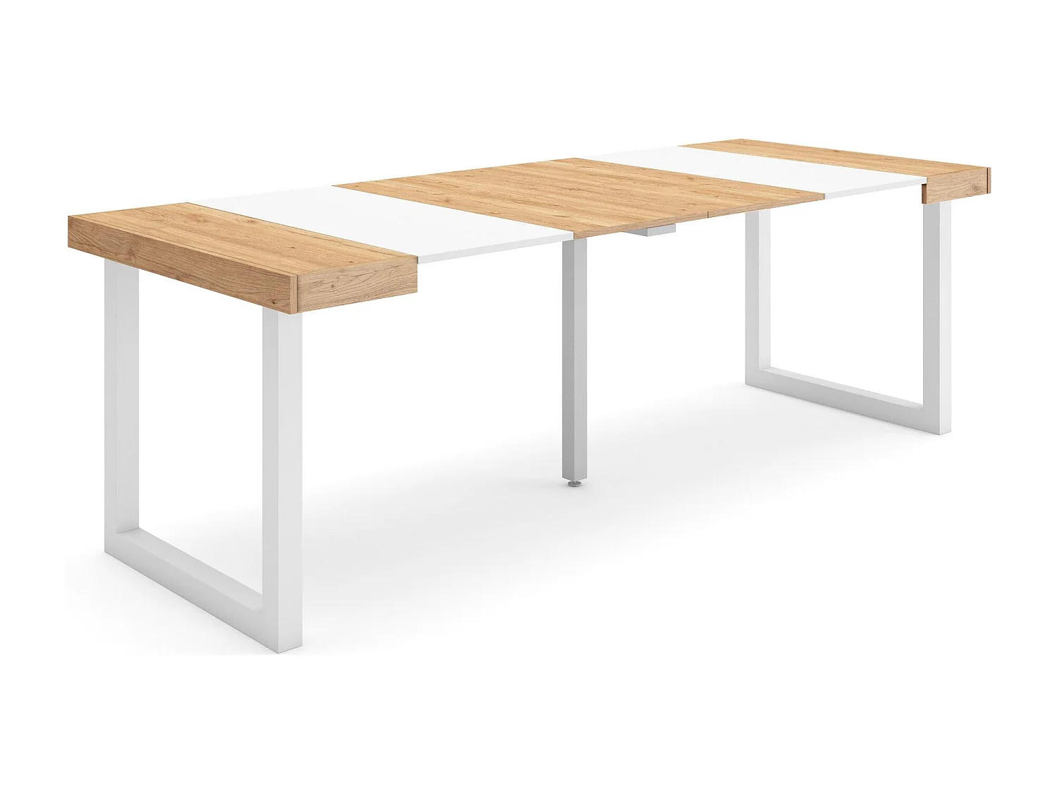 Uitschuifbare Consoletafel, 222x90x73cm, Voor 10 personen, Massief houten poten, Eiken/Wit