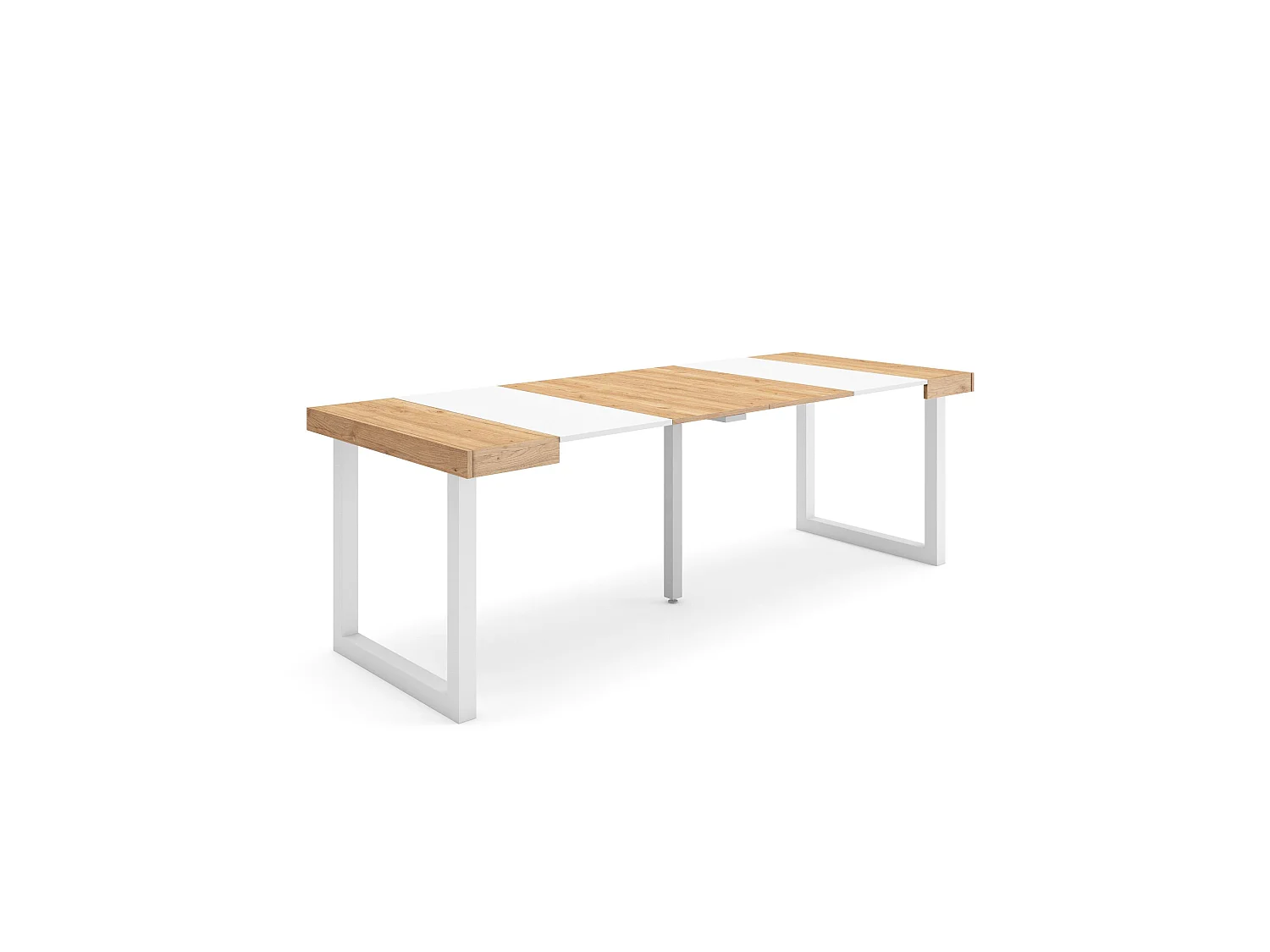 Mesa Consola extensible, 222x90x73cm, Para 10 comensales, Patas madera maciza, Roble y blanco