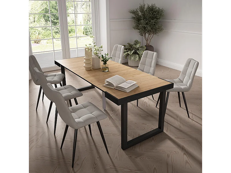 Ausziehbarertisch, 222x90x73cm, Für 10 Gäste, Massivholz Beine, Schwarz Eiche