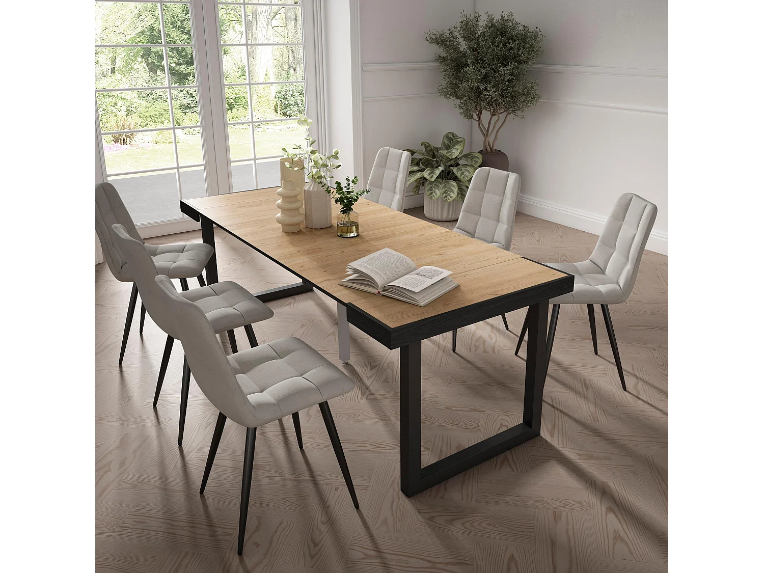 Ausziehbarertisch, 222x90x73cm, Für 10 Gäste, Massivholz Beine, Schwarz Eiche