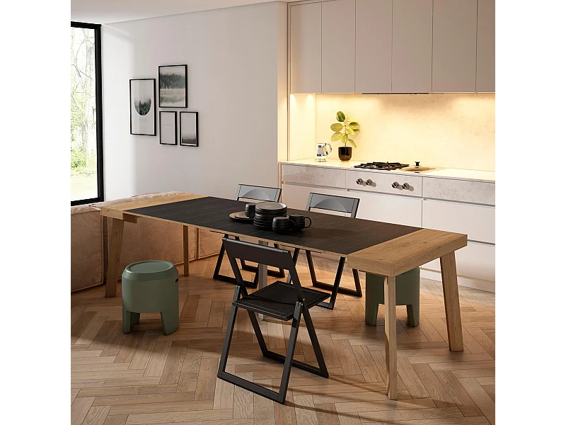 Ausziehbarertisch, 262x90x73cm, Für 12 Gäste, Hölzerne Beine, Eiche Schwarz