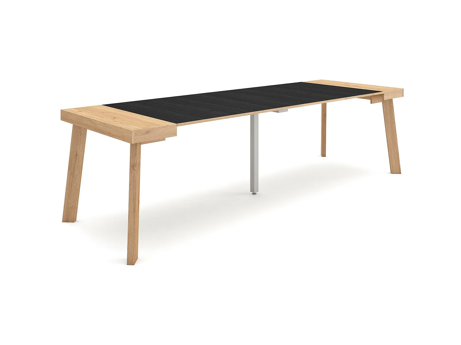 Table console extensible, 262x90x73cm, Pour 12 personnes, Pieds en bois, Chêne et noir