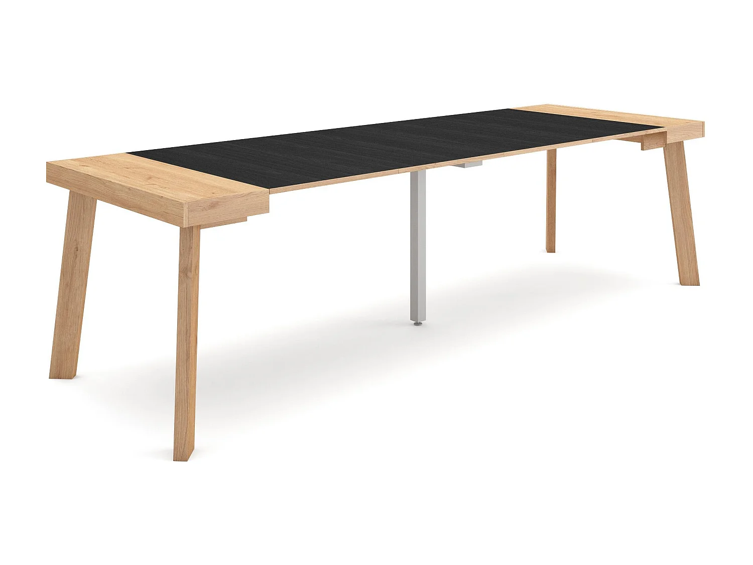 Table console extensible, 262x90x73cm, Pour 12 personnes, Pieds en bois, Chêne et noir