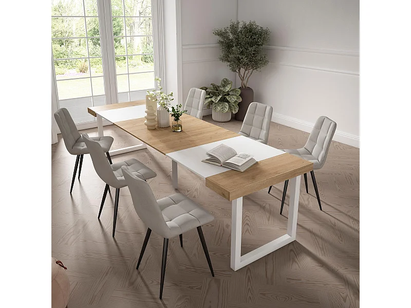 Uitschuifbare Consoletafel, 302x90x73cm, Voor 14 personen, Massief houten poten, Eiken/Wit