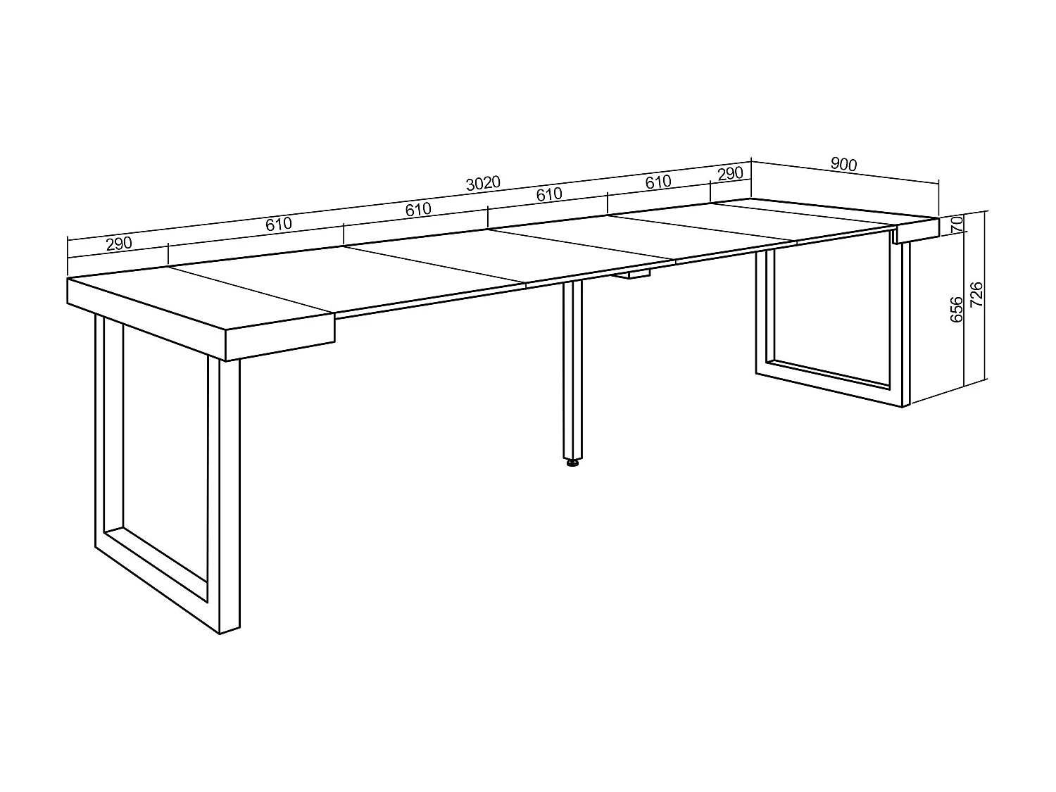 Ausziehbarertisch, 302x90x73cm, Für 14 Gäste, Massivholz Beine, Eiche und weiß
