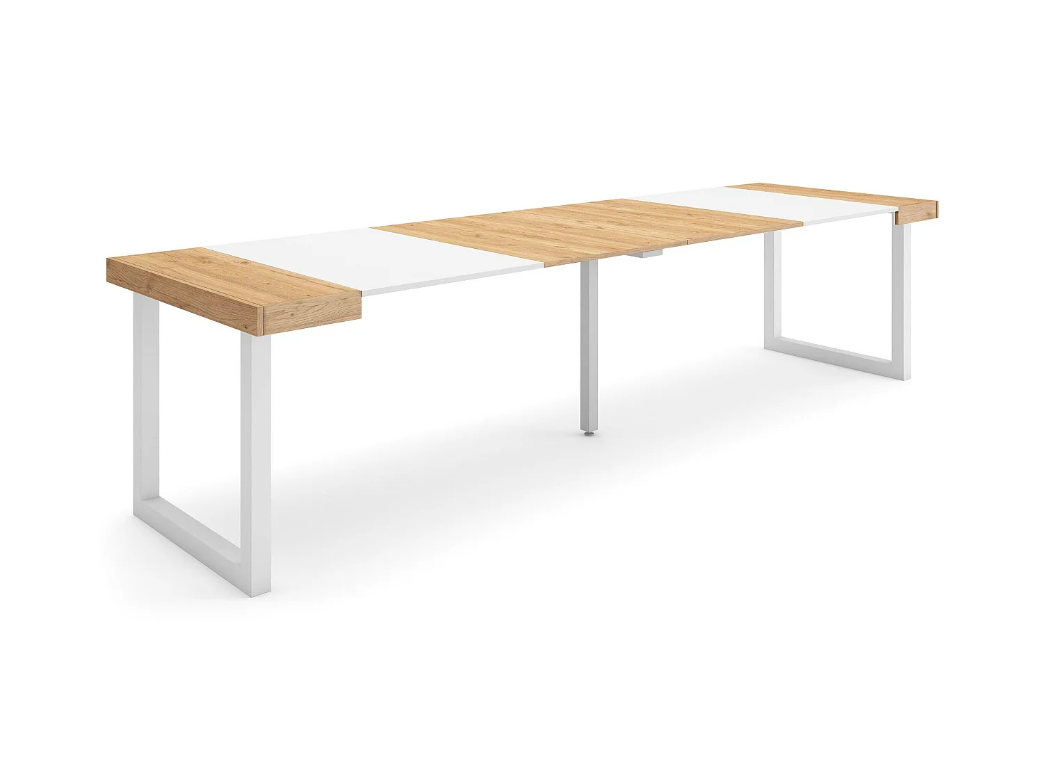 Table console extensible, 302x90x73cm, Pour 14 personnes, Pieds bois massif, Chêne et blanc