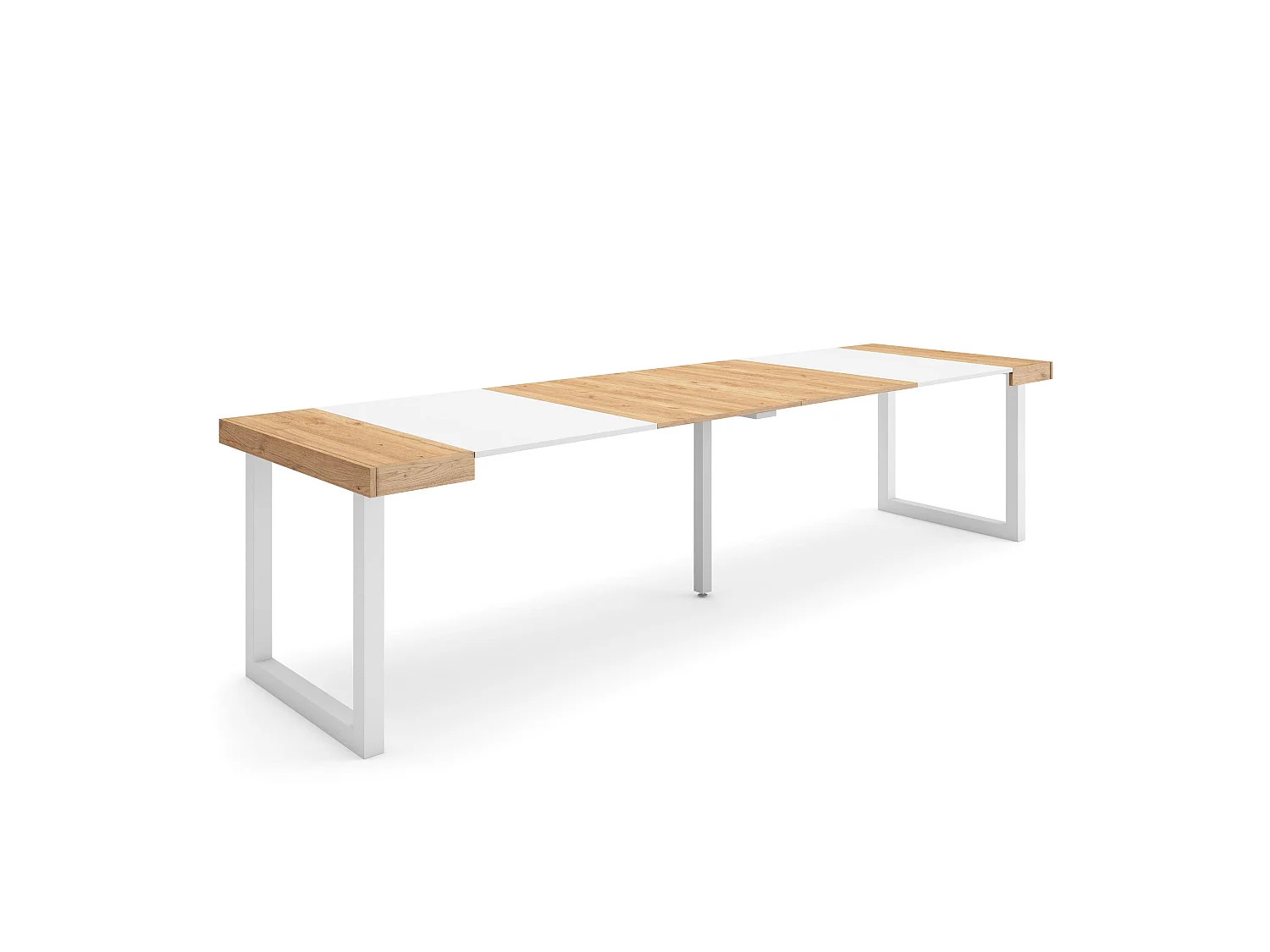 Table console extensible, 302x90x73cm, Pour 14 personnes, Pieds bois massif, Chêne et blanc