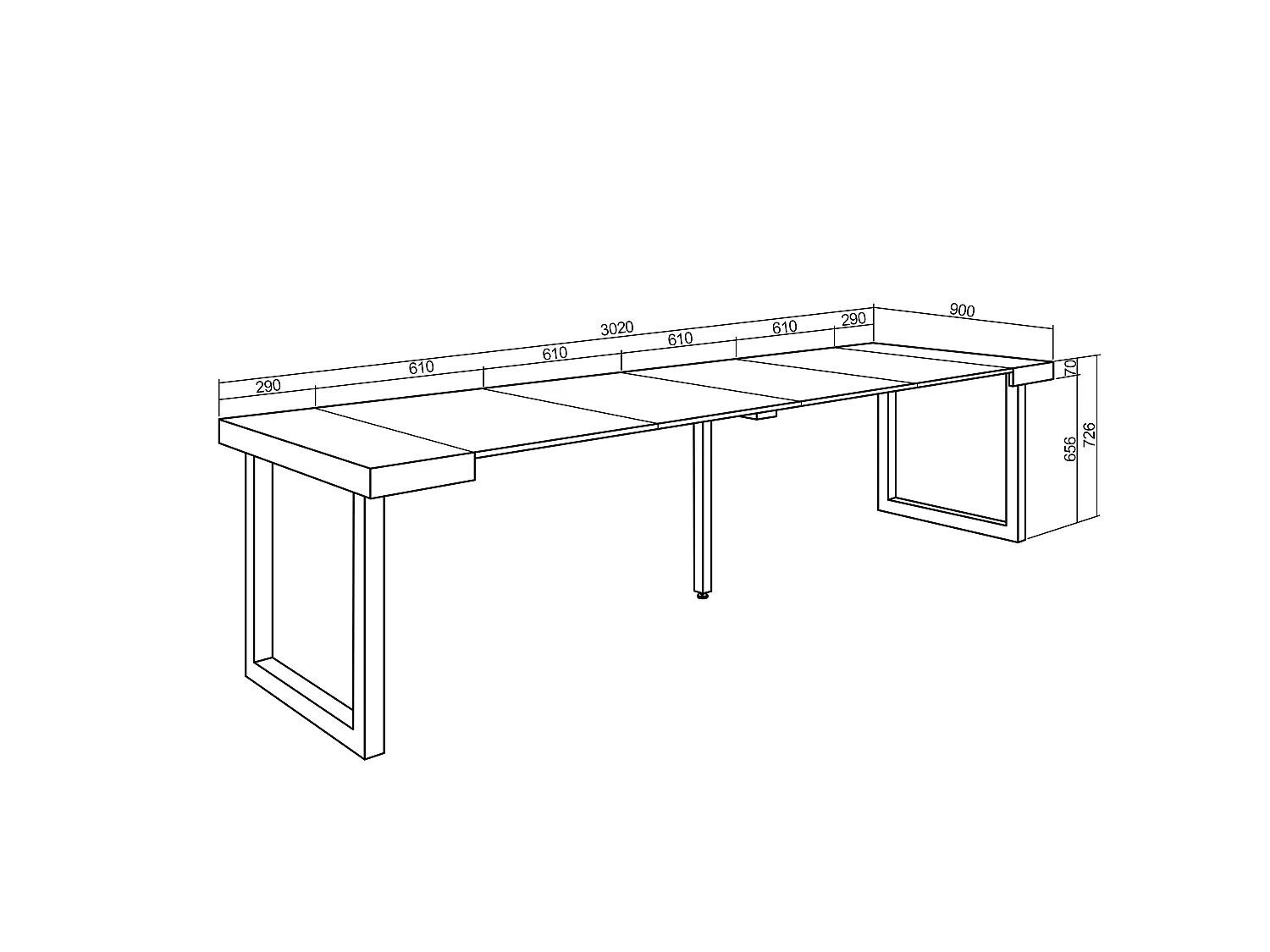 Table console extensible, 302x90x73cm, Pour 14 personnes, Pieds bois massif, Chêne et blanc