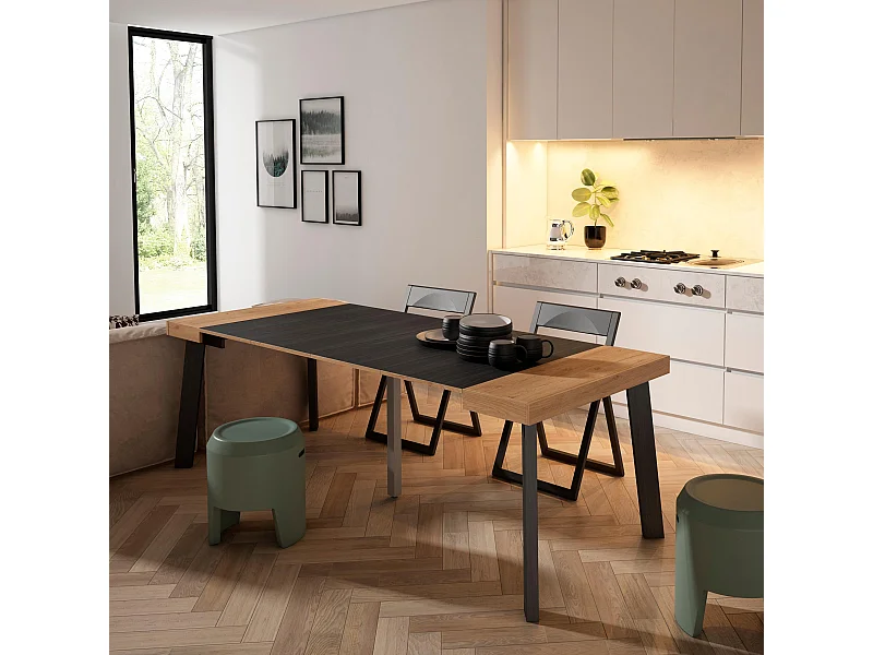 Uitschuifbare Consoletafel, 222x90x73cm, Voor 10 personen, Houten poten, Eiken/Zwart