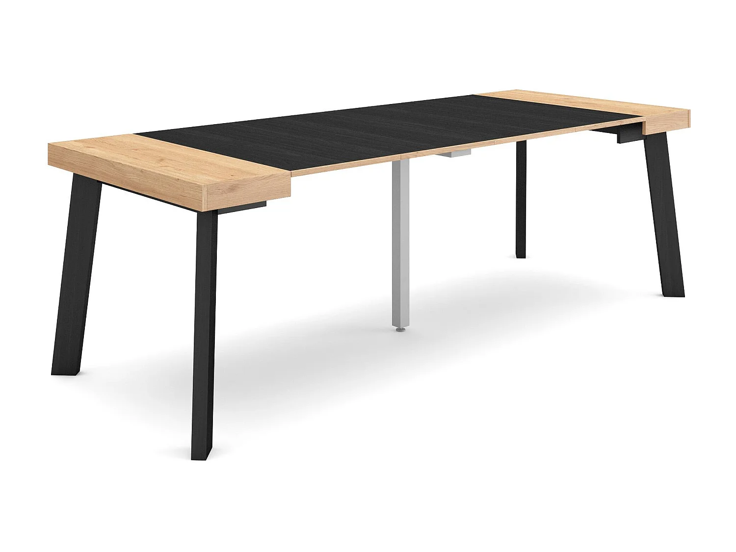 Table console extensible, 222x90x73cm, Pour 10 personnes, Pieds en bois, Chêne et noir